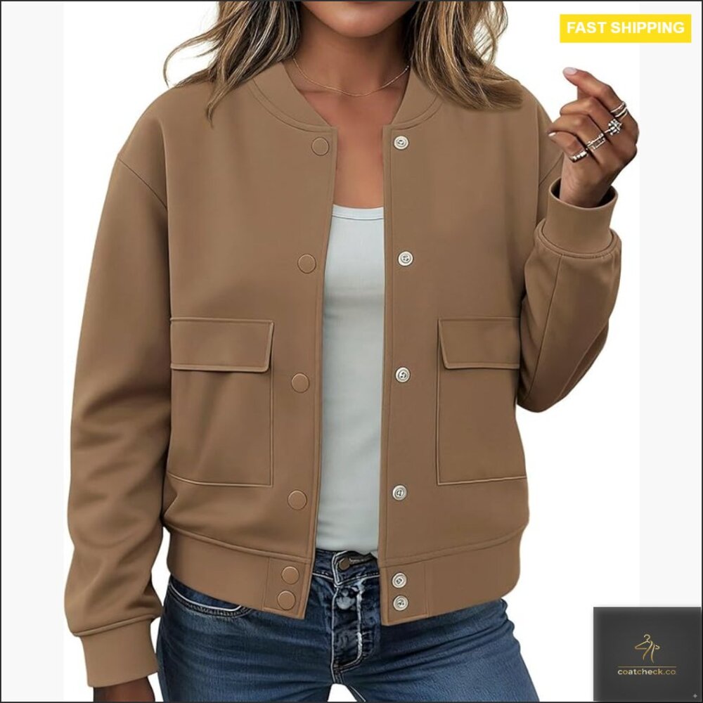 Cropped Bomber Jacket With Pockets, Button Down C… - image 1